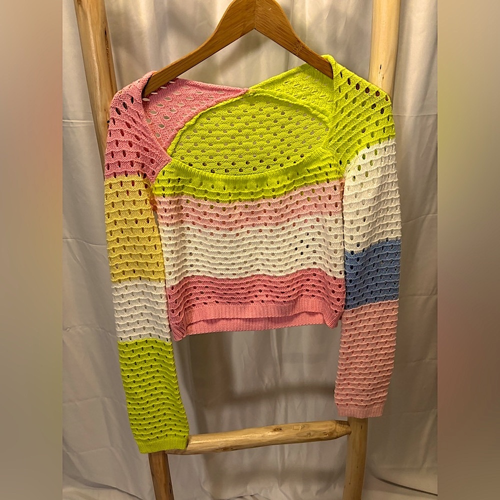 FOCUSNORM Colorblock Sweater Hollow Long Sleeve U-shaped Neck Knit Pullover - Picture 7 of 13